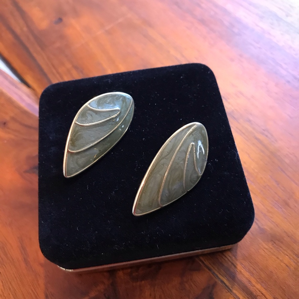 Vintage Green/Gray Enamel Pierced Earrings